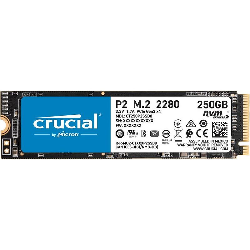 Foto van Crucial p2 250 gb nvme/pcie m.2 ssd 2280 harde schijf pcie nvme 3.0 x4 ct250p2ssd8