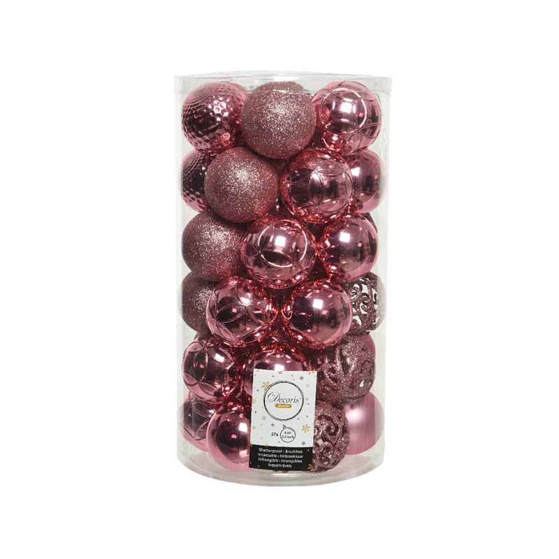 Foto van 37x stuks kunststof kerstballen lippenstift roze 6 cm glans/mat/glitter mix - kerstbal