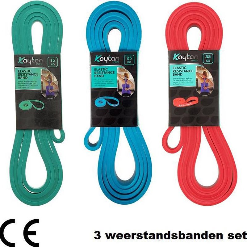 Foto van Kaytan - 3 weerstandsbanden set - resistance bands - fitness elastieken - power band 15, 25 en 35 kg