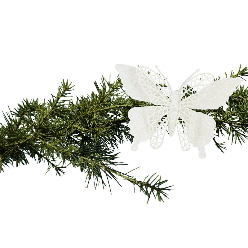Foto van House of seasons kerst vlinders op clip - 2x st - wit glitter - 16 cm - kersthangers