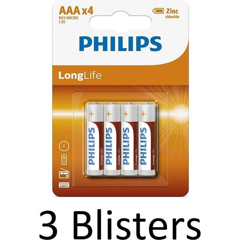 Foto van 12 stuks (3 blisters a 4 st) philips longlife aaa batterijen