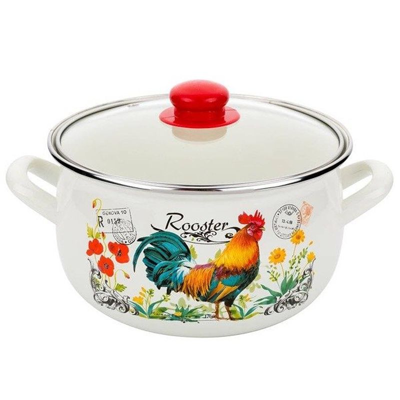 Foto van Emalia retro haan rooster geëmailleerde vintage kookpan 18 cm 3 liter crème / rood
