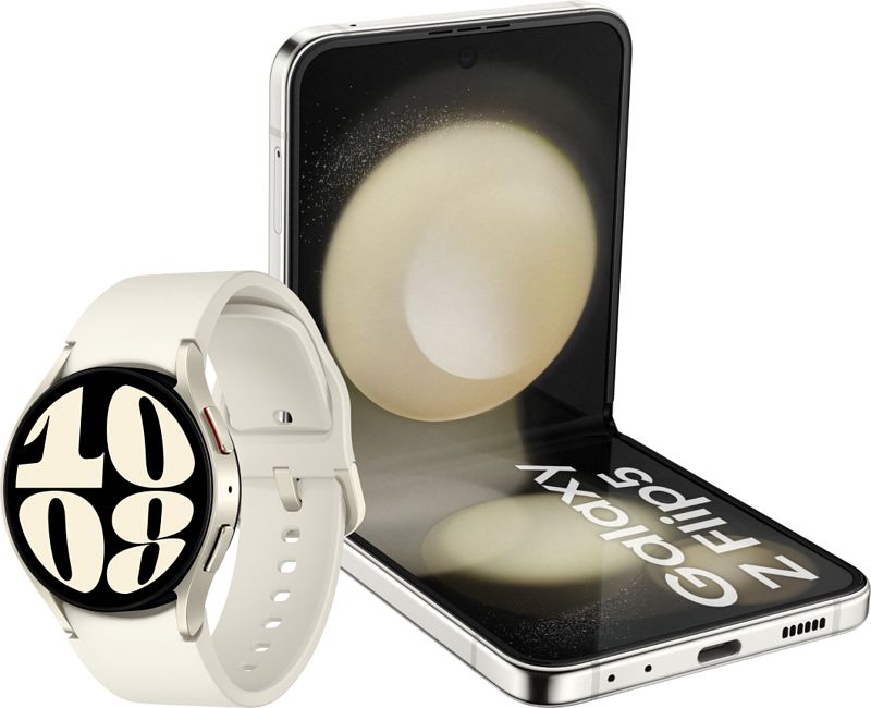 Foto van Samsung galaxy z flip 5 256gb creme 5g + galaxy watch 6 goud/crème 40mm