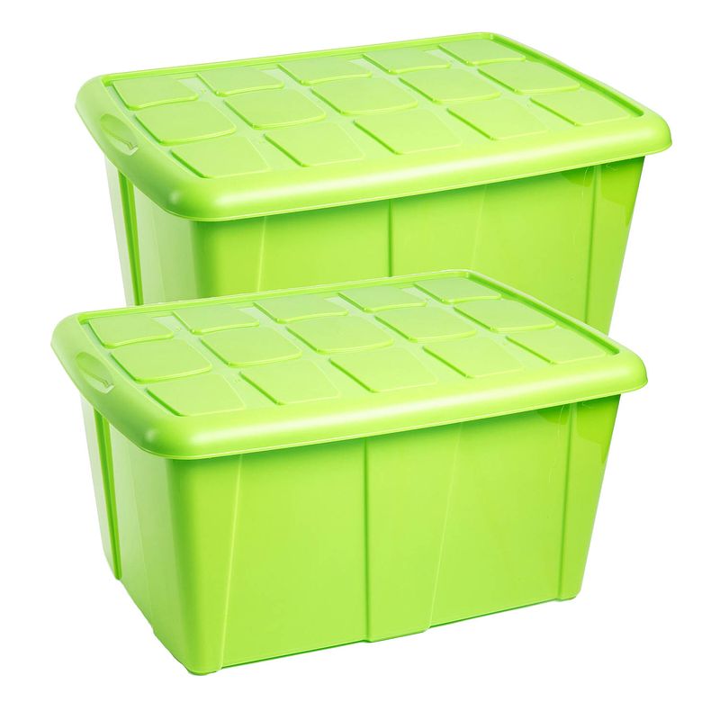 Foto van Plasticforte opslagbox met deksel - 2x - limegroen - 60l - kunststof - 63 x 46 x 32 cm - opbergbox