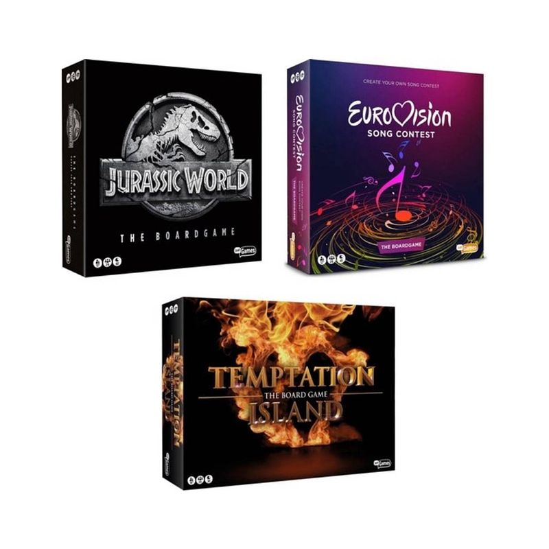 Foto van Spellenbundel - 3 stuks - jurassic world the boardgame & eurovisie songfestival spel & temptation island