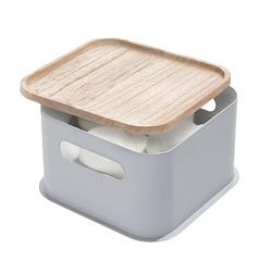 Foto van Idesign - opbergbox met handvat en deksel, 21.3 x 21.3 x 12.7 cm, paulownia hout, grijs - idesign eco storage