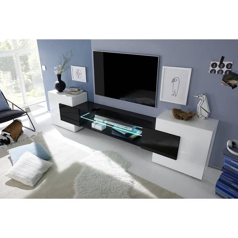 Foto van Tv-meubel met led 2 deuren - glanzend gelakt wit en zwart - l 258 x d 37 x h 61 cm - ancona