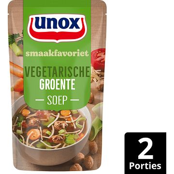 Foto van 2 zakken soep a 570 ml, pakken cupasoup a 3 stuks of single verpakkingen noodles of pasta | unox smaakfavoriet soep in zak vegetarische groente 570ml aanbieding bij jumbo