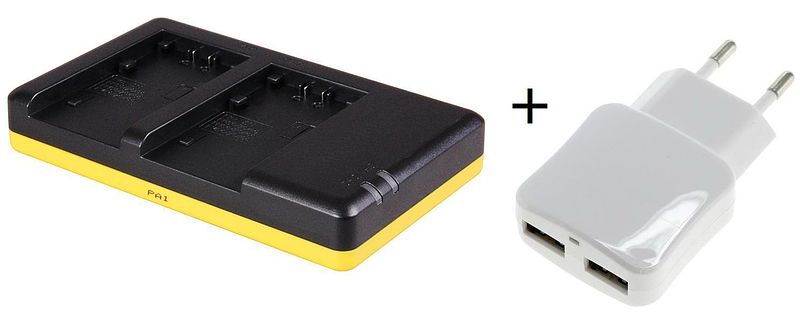 Foto van Duo lader voor 2 camera accu's sony np-fv30, np-fv50, np-fv70, np-fv100 + handige 2 poorts usb 230v adapter