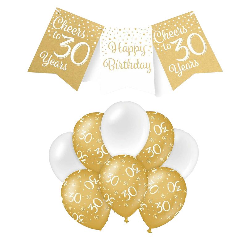 Foto van Paperdreams luxe 30 jaar feestversiering set - ballonnen & vlaggenlijnen - wit/goud - feestpakketten