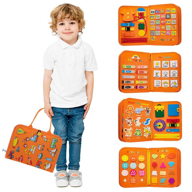 Foto van Montiplay® montessori speelgoed - sensorisch speelgoed - activiteitenbord - busy board - educatief speelgoed - oranje