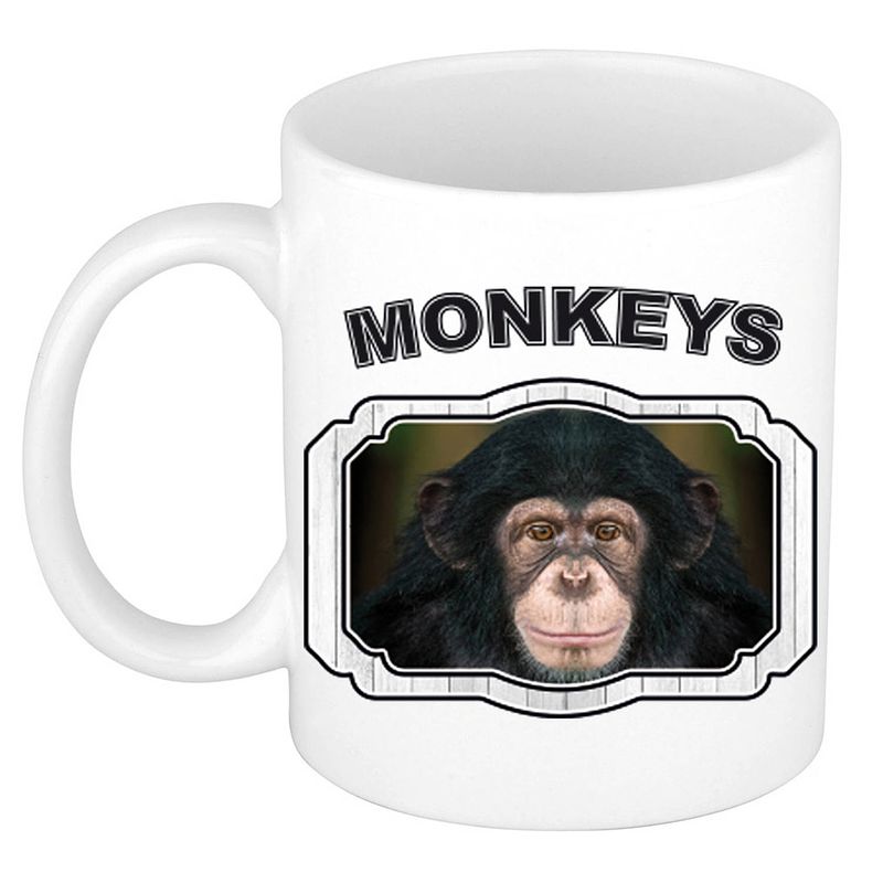 Foto van Dieren leuke chimpansee beker - monkeys/ apen mok wit 300 ml - feest mokken