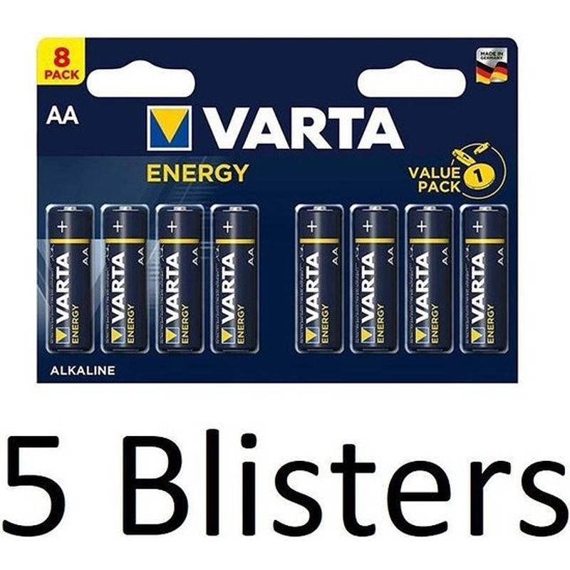 Foto van 40 stuks (5 blisters a 8 st) varta energy aa alkaline batterijen