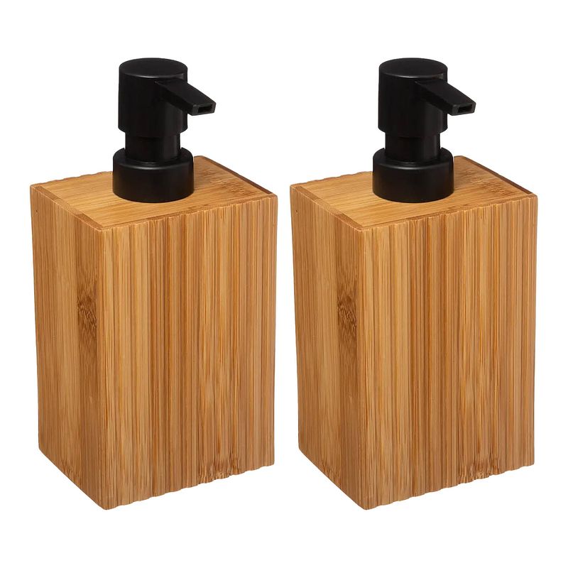 Foto van 5five zeeppompje/dispenser bamboo lotion - 2x - lichtbruin/zwart - 8 x 17 cm - 280 ml - hout - zeeppompjes