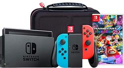 Foto van Nintendo switch rood/blauw + mario kart 8 deluxe + big ben travel case