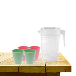 Foto van Set van 1x waterkan 1 liter met drinkbekers 2x roze en 2x groen - schenkkannen
