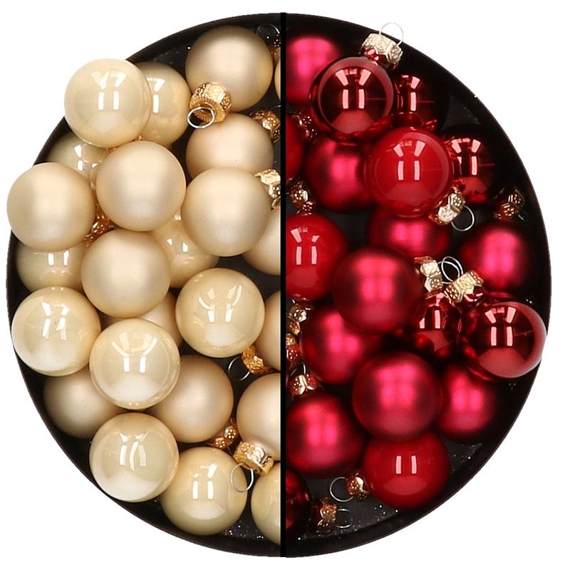Foto van Mini kerstballen - 48x st - rood en champagne - 2,5 cm - glas - kerstbal