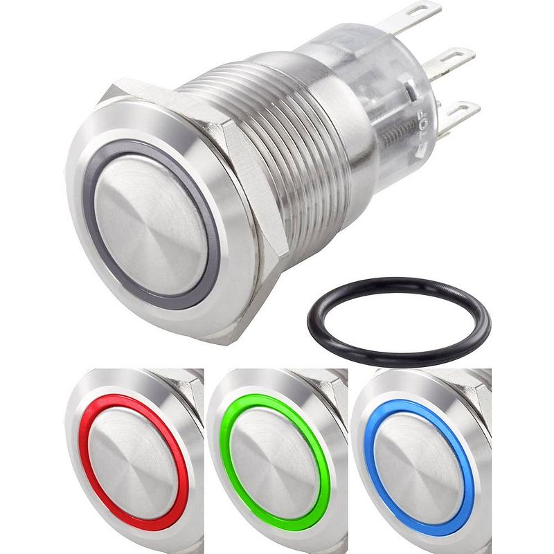 Foto van Tru components tc-las1-agq-11ze/42rgb/ vandalismebestendige drukschakelaar 250 v/ac 3 a 1x uit/aan continu rood, groen, blauw, rgb ip65 1 stuk(s)