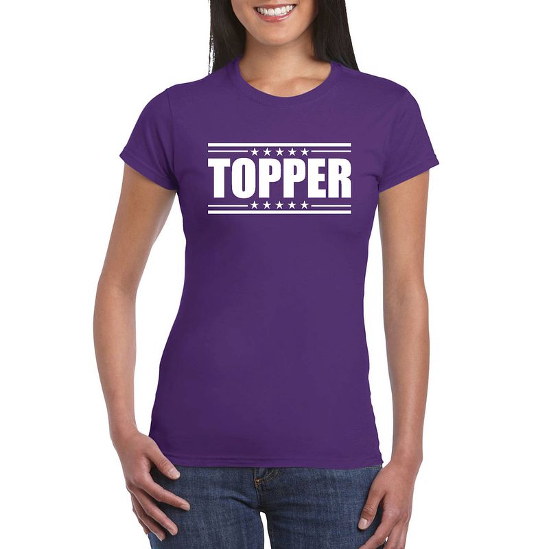 Foto van Toppers paars topper shirt met witte letters dames xs - feestshirts