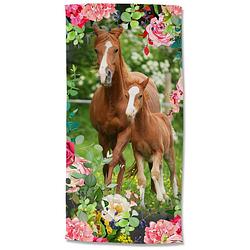 Foto van Droomtextiel paarden groen kinder strandlaken - handdoek 75x150 cm - heerlijk zacht - velours