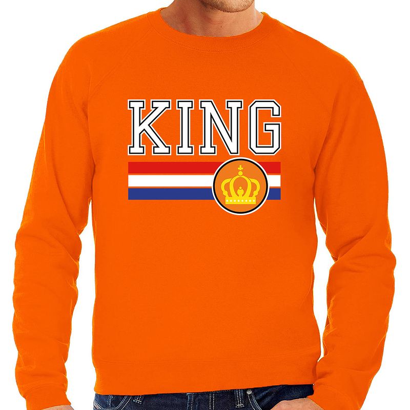 Foto van Grote maten king met nederlandse vlag sweater oranje voor heren - koningsdag truien 4xl - feesttruien