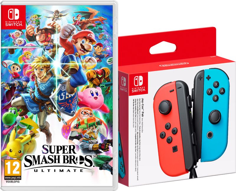 Foto van Super smash bros. ultimate switch + joy-con set rood/blauw