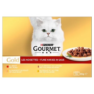 Foto van Purina® gourmet gold fijne hapjes in saus met o.a. rund, kalkoen, zalm of kip 12 x 85g bij jumbo