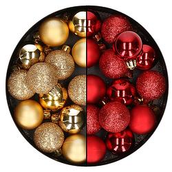 Foto van 28x stuks kleine kunststof kerstballen goud en rood 3 cm - kerstbal