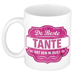 Foto van De beste tante dat ben ik cadeau mok / beker wit met roze embleem 300 ml - feest mokken