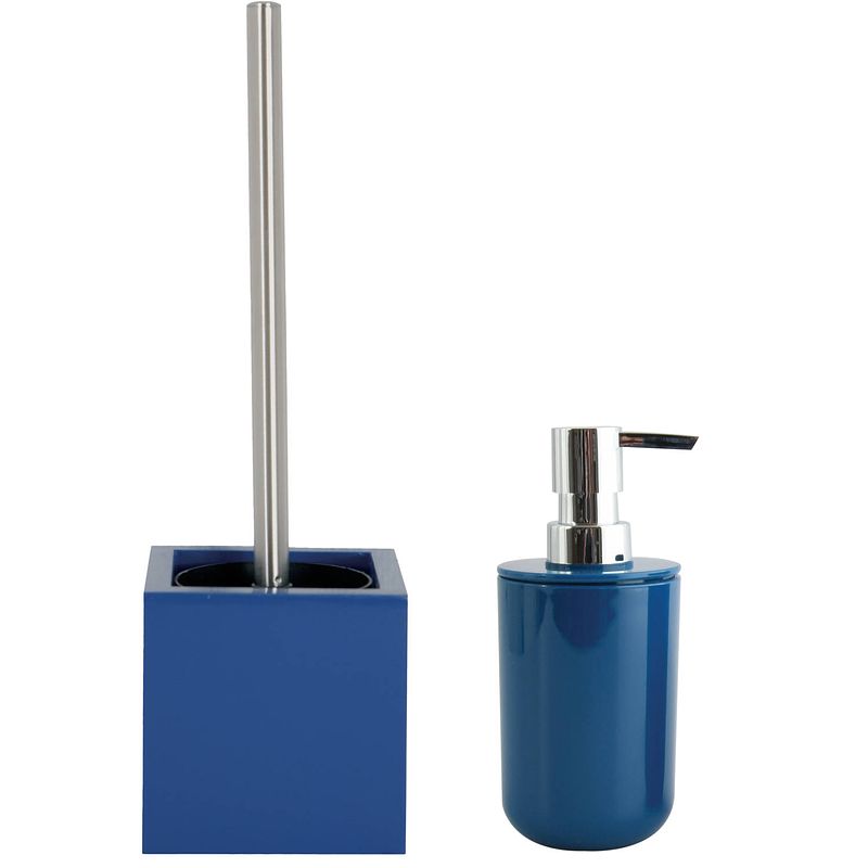 Foto van Msv toiletborstel in houder 37 cm/zeeppompje set moods - mdf hout/kunststof - blauw - badkameraccessoireset