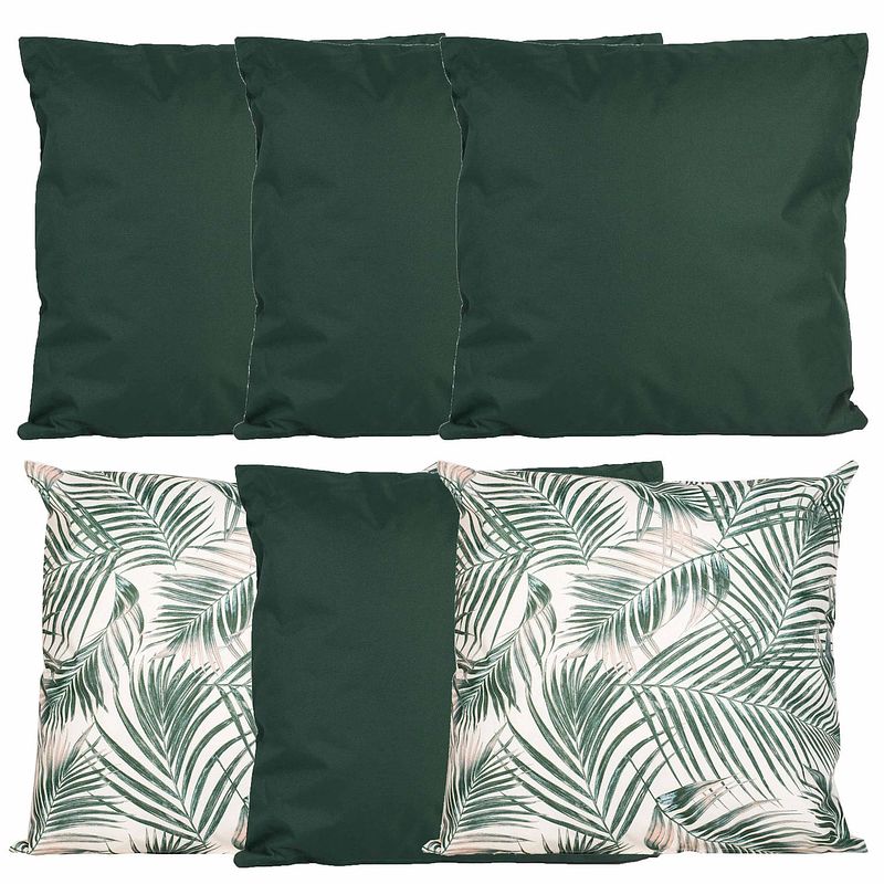 Foto van Bank/tuin kussens set - voor binnen/buiten - 6x stuks - groen/palm print - 45 x 45 cm - sierkussens