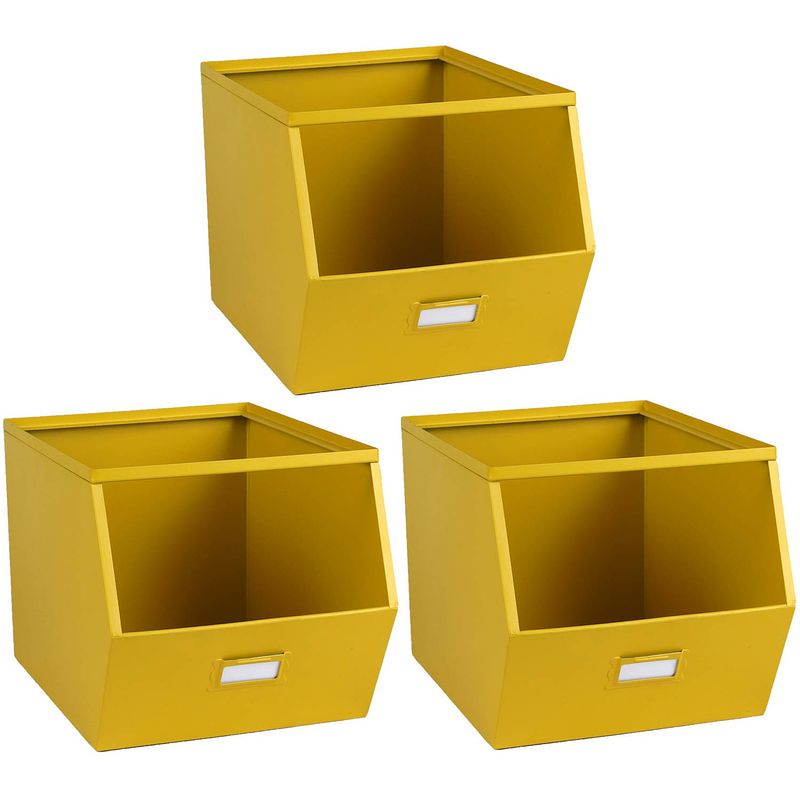 Foto van Urban living stapelbare opbergmand open metal box - 3x - l23 x b32 x h21 cm - metaal - geel - opbergmanden