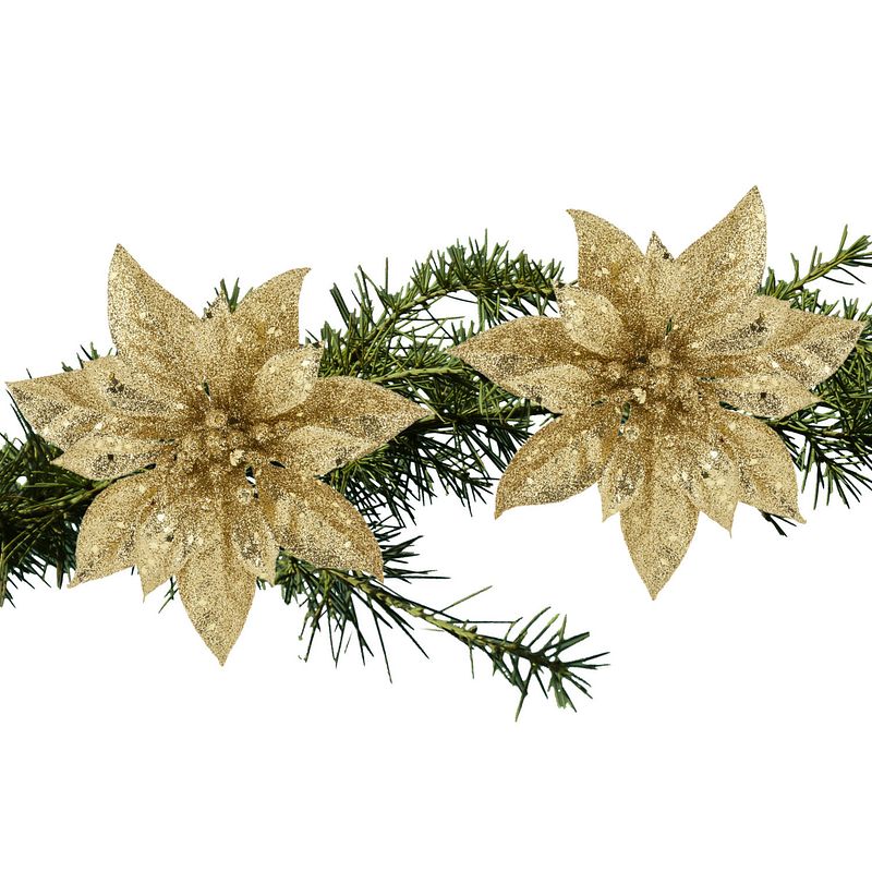 Foto van 2x stuks kerstboom bloemen kerstster goud glitter op clip 15 cm - kunstbloemen