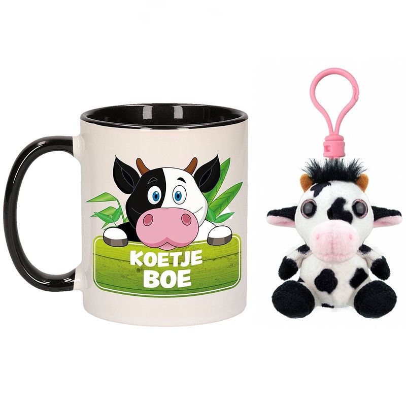 Foto van Cadeau set kind - koe sleutelhanger knuffel 9 cm en drink mok 300 ml - knuffel sleutelhangers