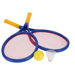 Foto van Gerimport tennis/badminton strandset 58 cm blauw/geel 4-delig