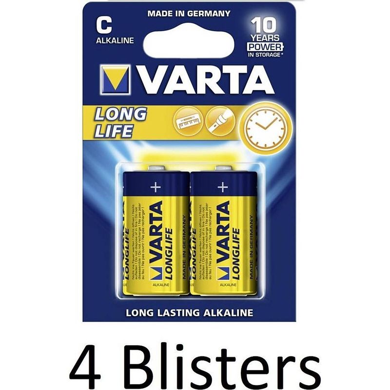 Foto van 8 stuks (4 blisters a 2 st) varta longlife extra c wegwerpbatterij alkaline