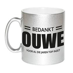 Foto van Bedankt ouwe voor de top inzet pensioen mok / beker zilver afscheidscadeau 330 ml - feest mokken