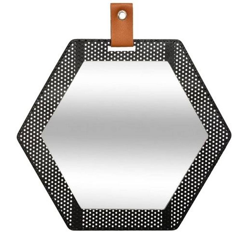 Foto van Orange85 spiegel - zeshoek - hexagon - industrieel - zwart - 34cm - metaal - glas