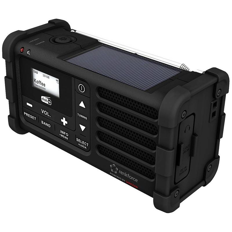 Foto van Renkforce rf-dab-mmr88 outdoorradio dab+, vhf (fm) noodradio, usb handslinger, zonnepaneel, oplaadbaar, zaklamp zwart