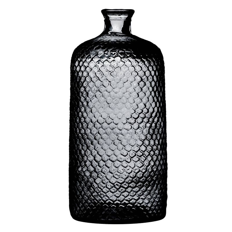 Foto van Natural living bloemenvaas scubs bottle - donkergrijs geschubt transparant - glas - d18 x h42 cm - vazen