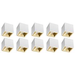 Foto van Opbouwspot 10 pack - pragmi cliron pro - gu10 fitting - opbouw vierkant - mat wit/goud - aluminium - verdiept - ø90mm