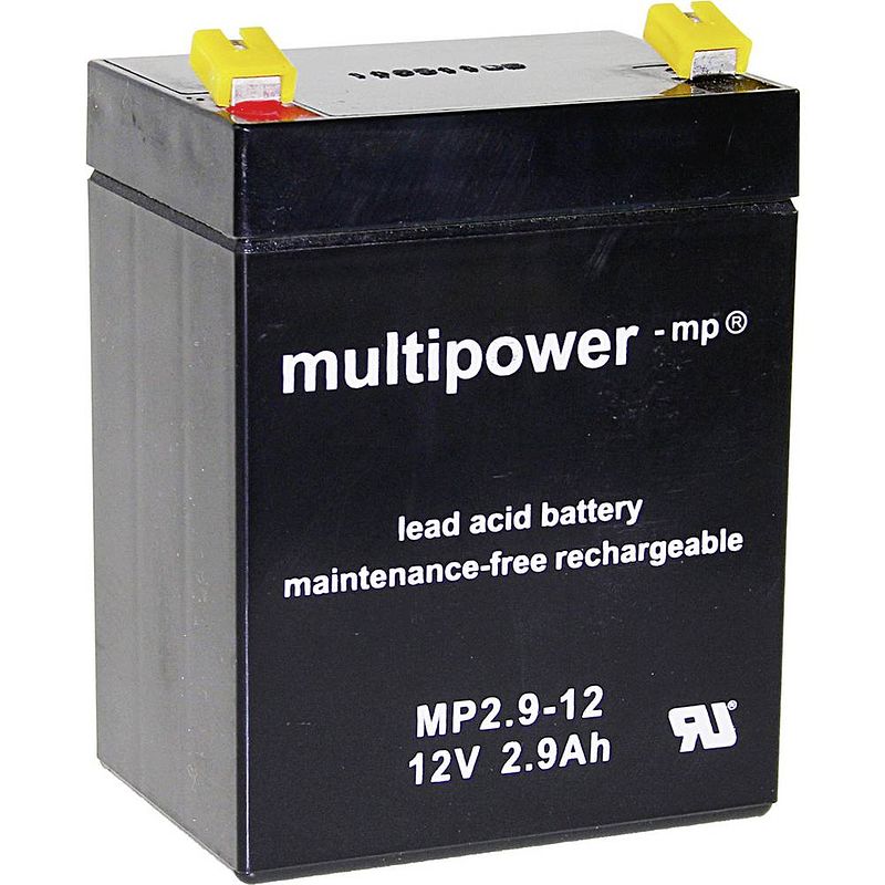 Foto van Multipower mp2,9-12 loodaccu 12 v 2.9 ah loodvlies (agm) (b x h x d) 79 x 107 x 56 mm kabelschoen 4.8 mm onderhoudsvrij, geringe zelfontlading