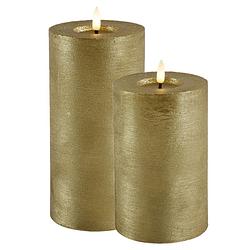 Foto van Led kaars/stompkaars set - 2x st - goud - h15 en h20 cm- warm wit - led kaarsen