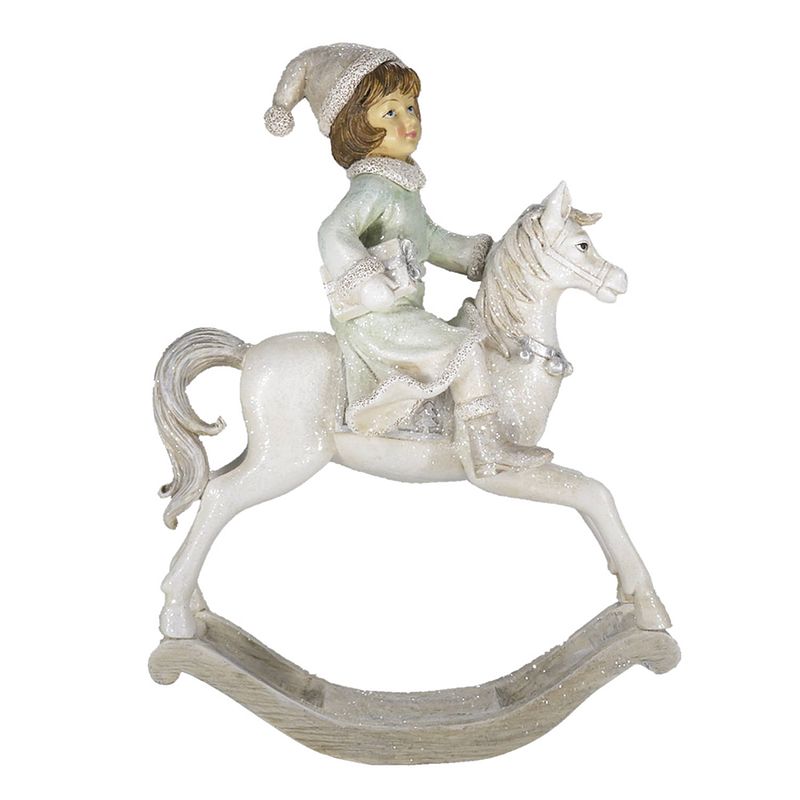 Foto van Clayre & eef beeld hobbelpaard 26 cm beige groen kunststof kerstdecoratie beeld decoratie decoratieve accessoires