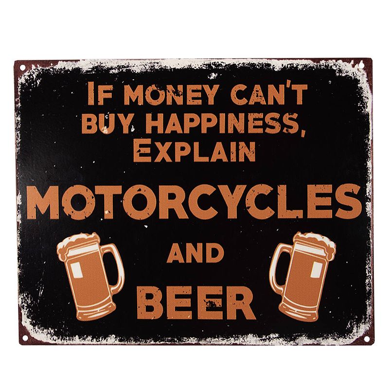 Foto van Clayre & eef tekstbord 25x20 cm zwart ijzer bier if money can'st buy happiness wandbord spreuk wandplaat zwart wandbord