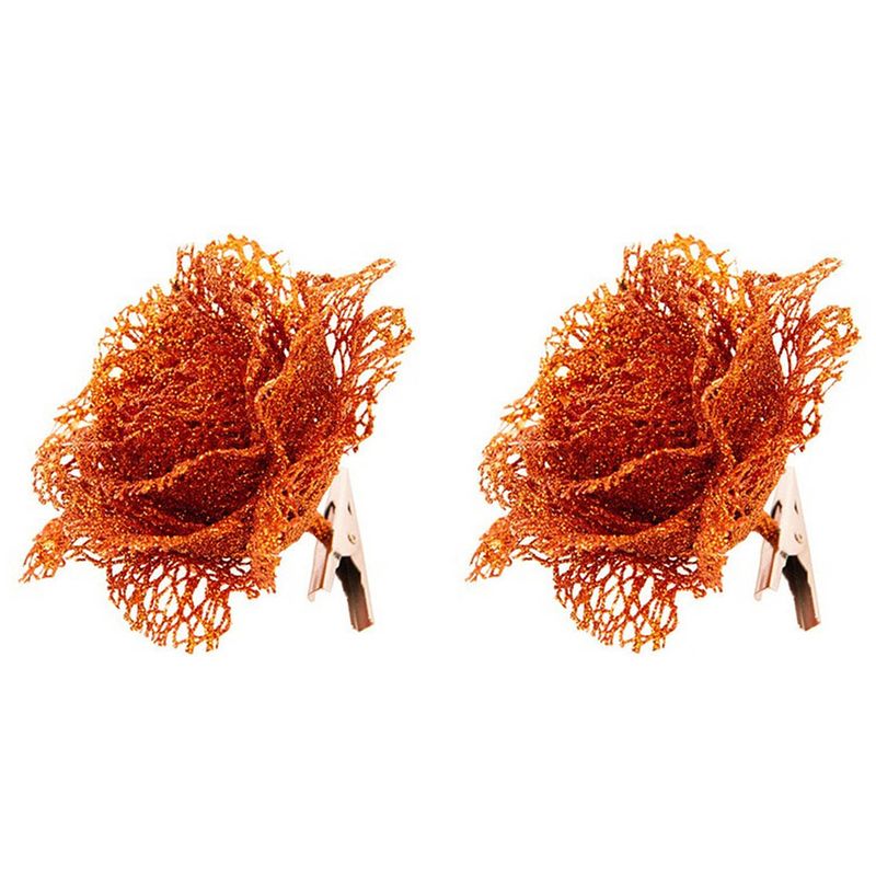 Foto van 2x glitter bloemen op clip oranje 10 cm feestversiering - kunstbloemen