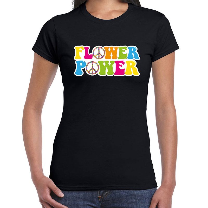 Foto van Toppers jaren 60 flower power verkleed shirt zwart met gekleurde peace tekens dames m - feestshirts