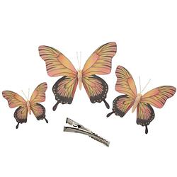 Foto van 3x stuks decoratie vlinders op clip - geel/roze - 3 formaten - 12/16/20 cm - hobbydecoratieobject