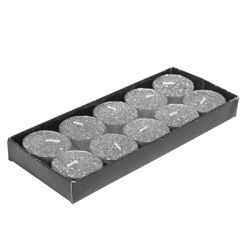 Foto van Gerim waxinelichtjes kaarsjes- 10x - zilver glitters 3,5 cm - waxinelichtjes