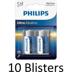 Foto van 20 stuks (10 blisters a 2 st) philips ultra alkalline c batterijen